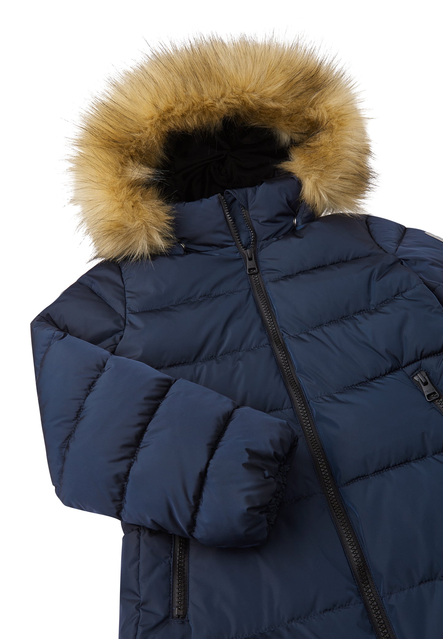 REIMA warmer Wintermantel Lunta<br> Gr. 116<br> warm wattiert mit Fellex (künstliche Daune)<br> Pelz wegnehmbar<br> lang geschnitten, leicht glänzend<br> WS 5'000 mm