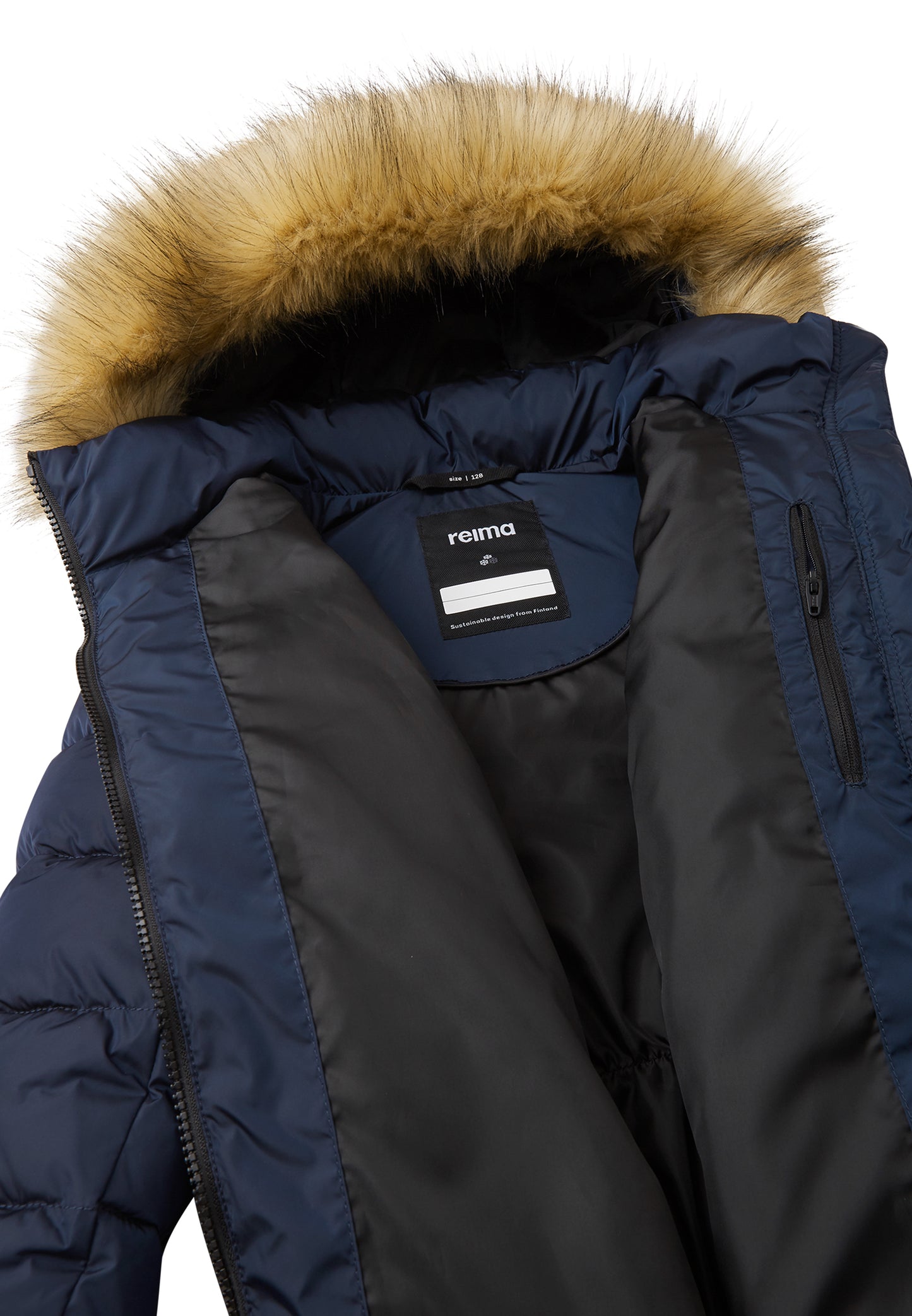REIMA warmer Wintermantel Lunta<br> Gr. 116<br> warm wattiert mit Fellex (künstliche Daune)<br> Pelz wegnehmbar<br> lang geschnitten, leicht glänzend<br> WS 5'000 mm