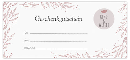 Geschenk-Gutscheine von Kind&Wetter verschenken<br> online oder im Ladengeschäft Winterthur einlösbar<br> Beträge selbst wählbar von Fr. 10, 20, 50, 100, 200, 250, 300